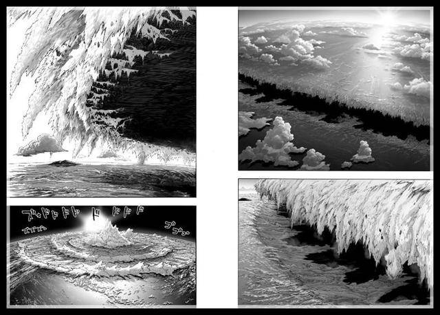 波】的影响力来看,已经波及到了地球表明的一大块地形,分镜中的描绘