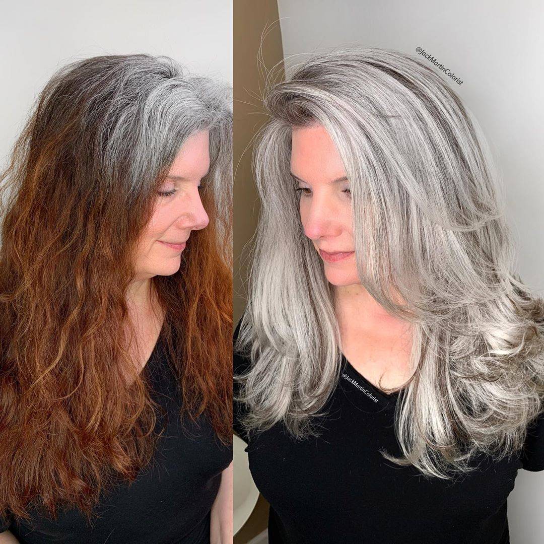 接下来我们再看几组白发染彩色后的两段色,最后换成灰色调的发型效果