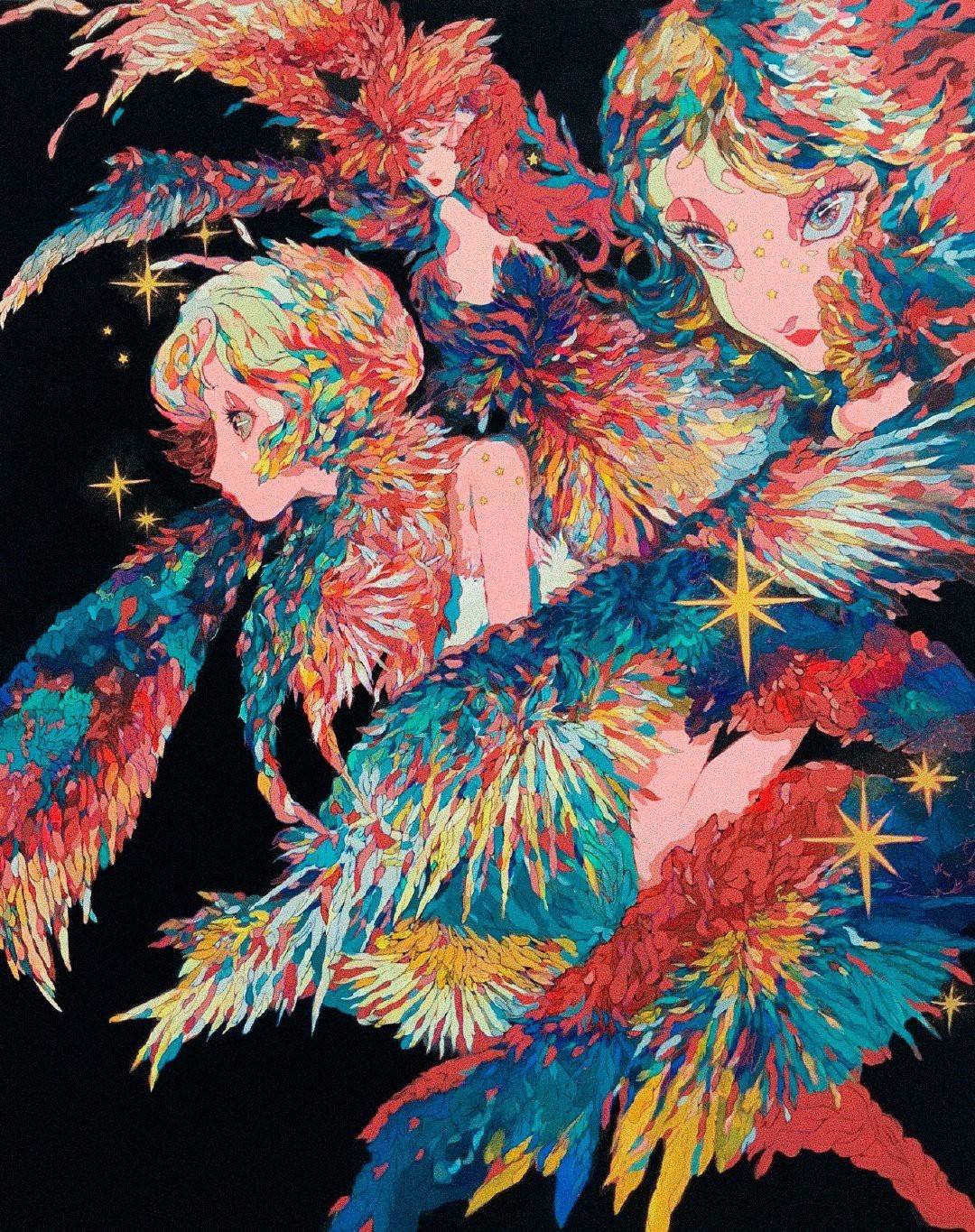 复古时尚感插画美学具有绚烂色彩和丰富想象力的复古感的插画