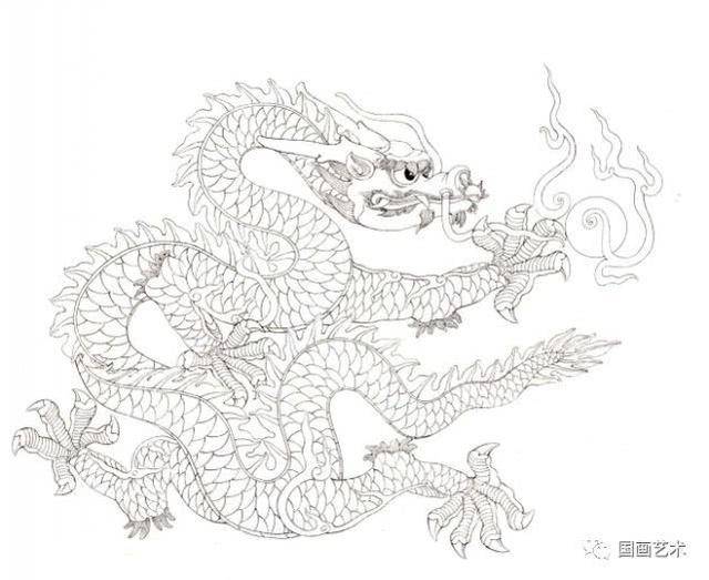龙角勾线略粗,龙爪和天火墨线用色略重.白龙画法步骤
