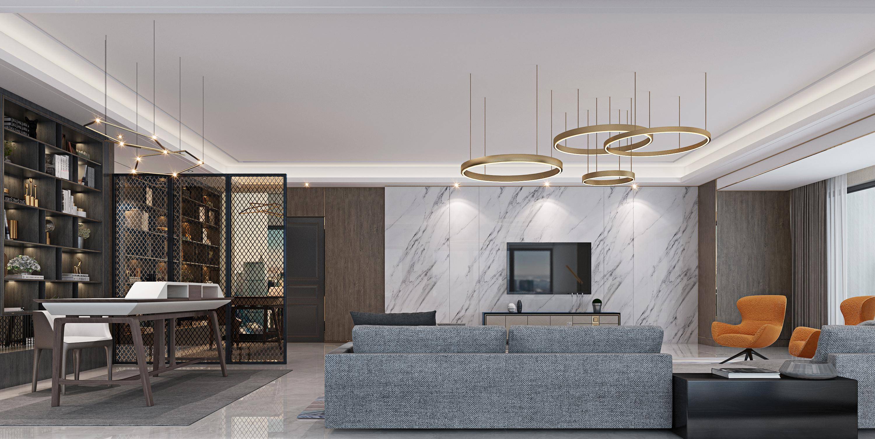 210㎡现代轻奢风木饰面板结合石材华丽大气的精致生活