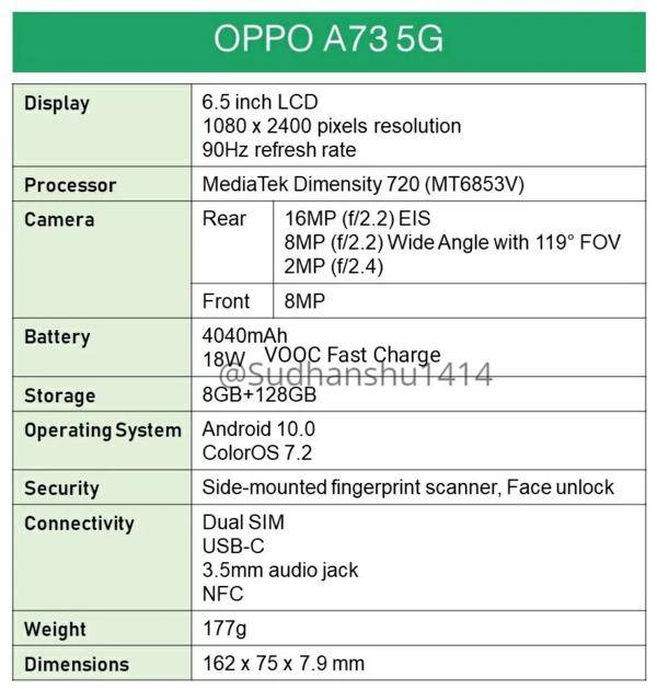 规格曝光 oppo a73 5g 天玑720配90hz屏 支持18w快充
