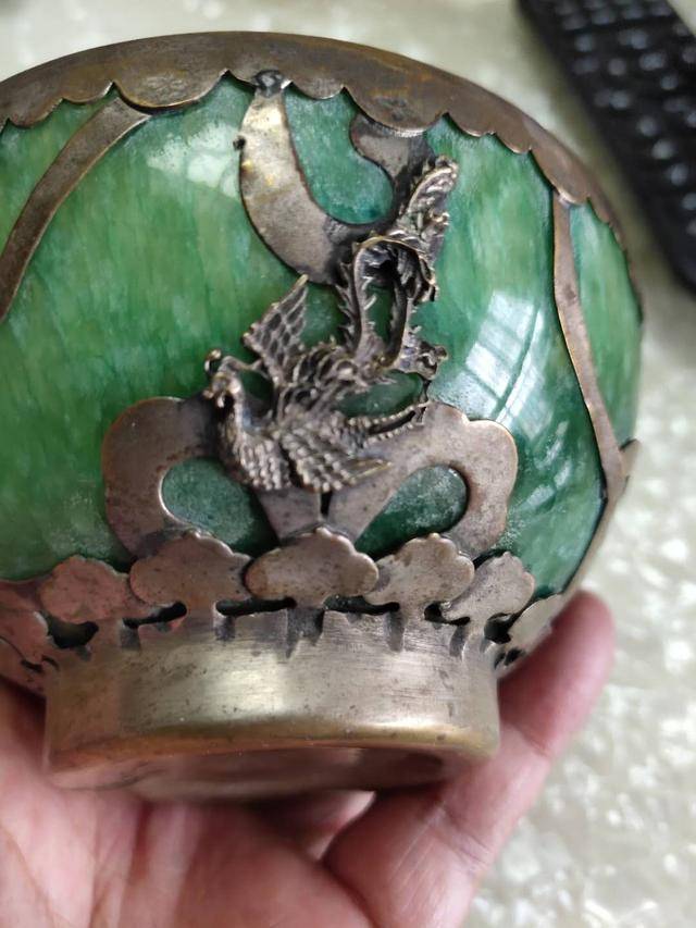 精品鉴赏高冰满绿翡翠腰带镶嵌纹银翡翠碗