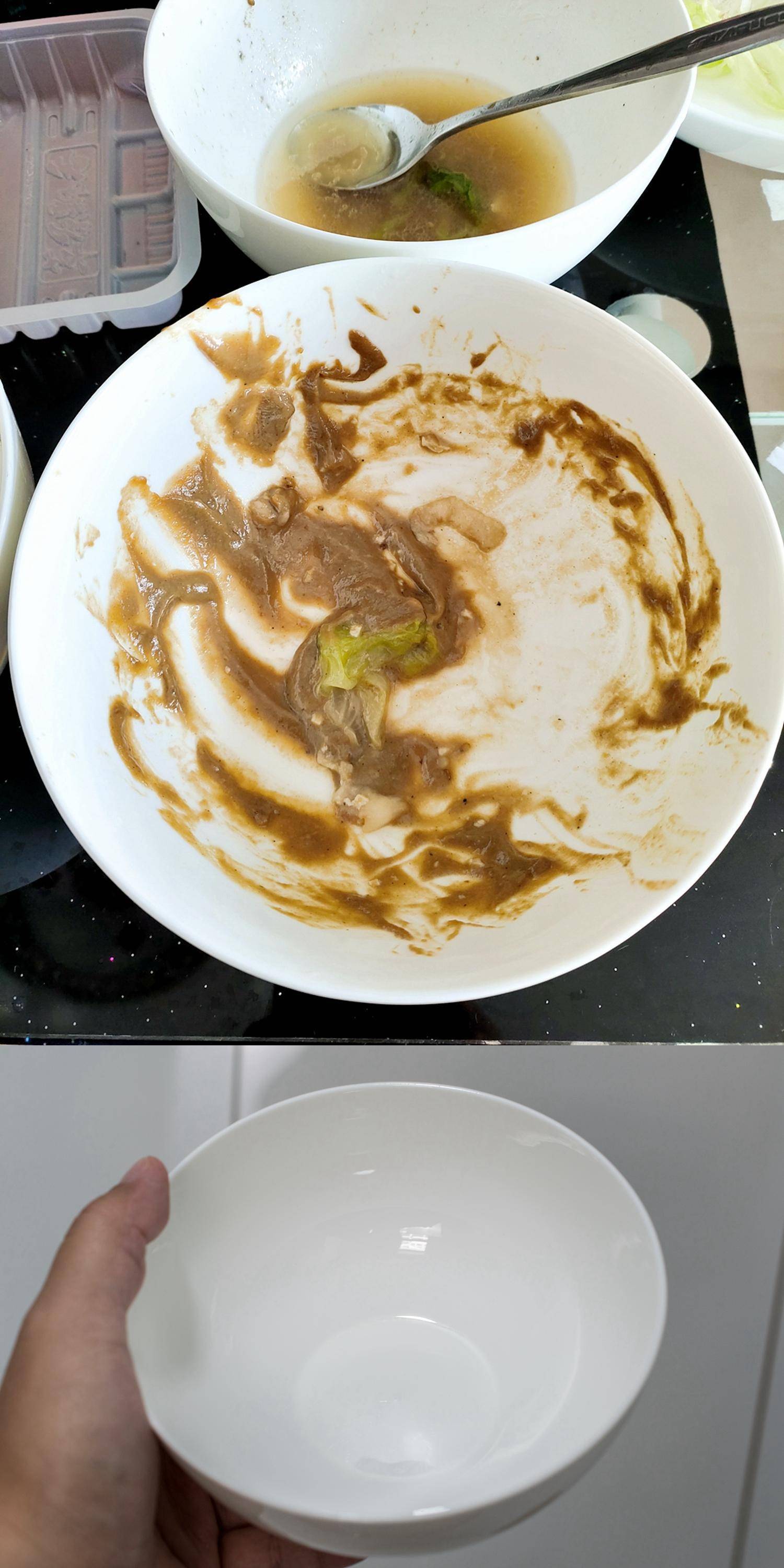 对放置了一天一夜的菜盘子的清洗对比.