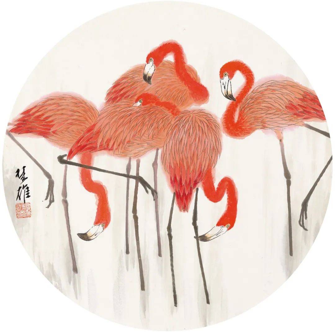 《火烈鸟》 45cm×45cm 纸本设色《春风送吉祥》 34.5cmx34.