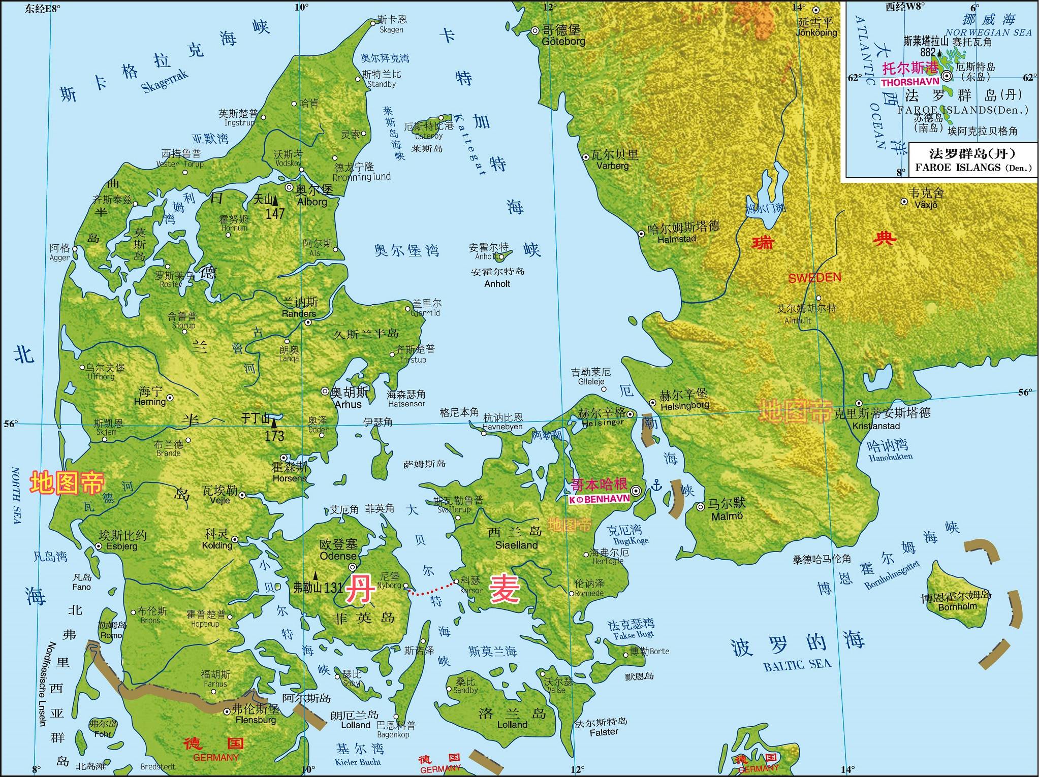 从地图上看,丹麦欧洲部分的国土大部分集中在日德兰半岛上,然而其首都
