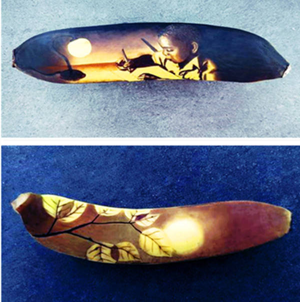 女子在香蕉皮上巧绘画_手机搜狐网