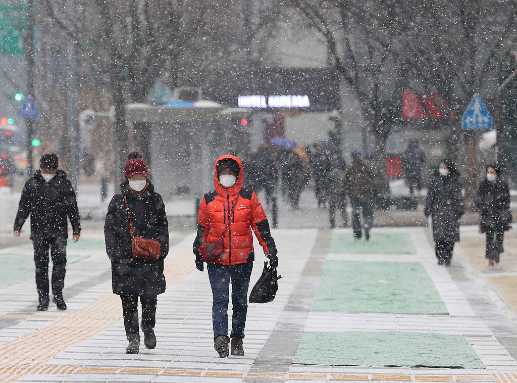 韩国首尔迎来大雪民众在雪中艰难前行