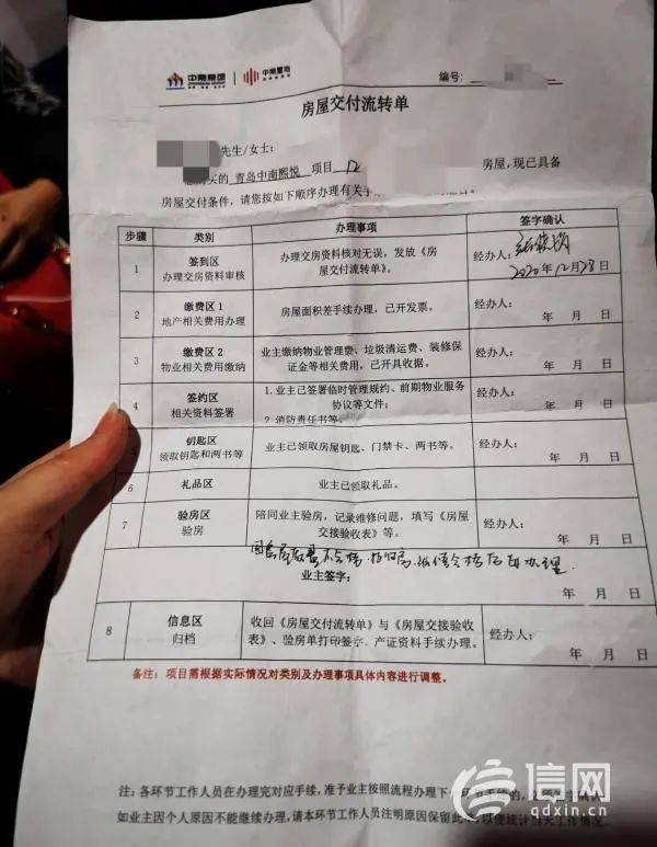 "验房的时候开发商给了一张房屋交付流转单让业主签字,当时我们都没有