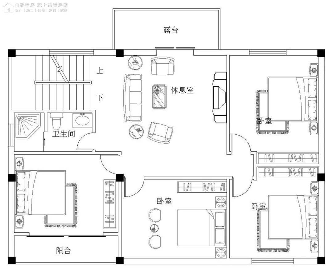 二層平面圖:休息室,4間臥室,公衛,陽臺,露臺.