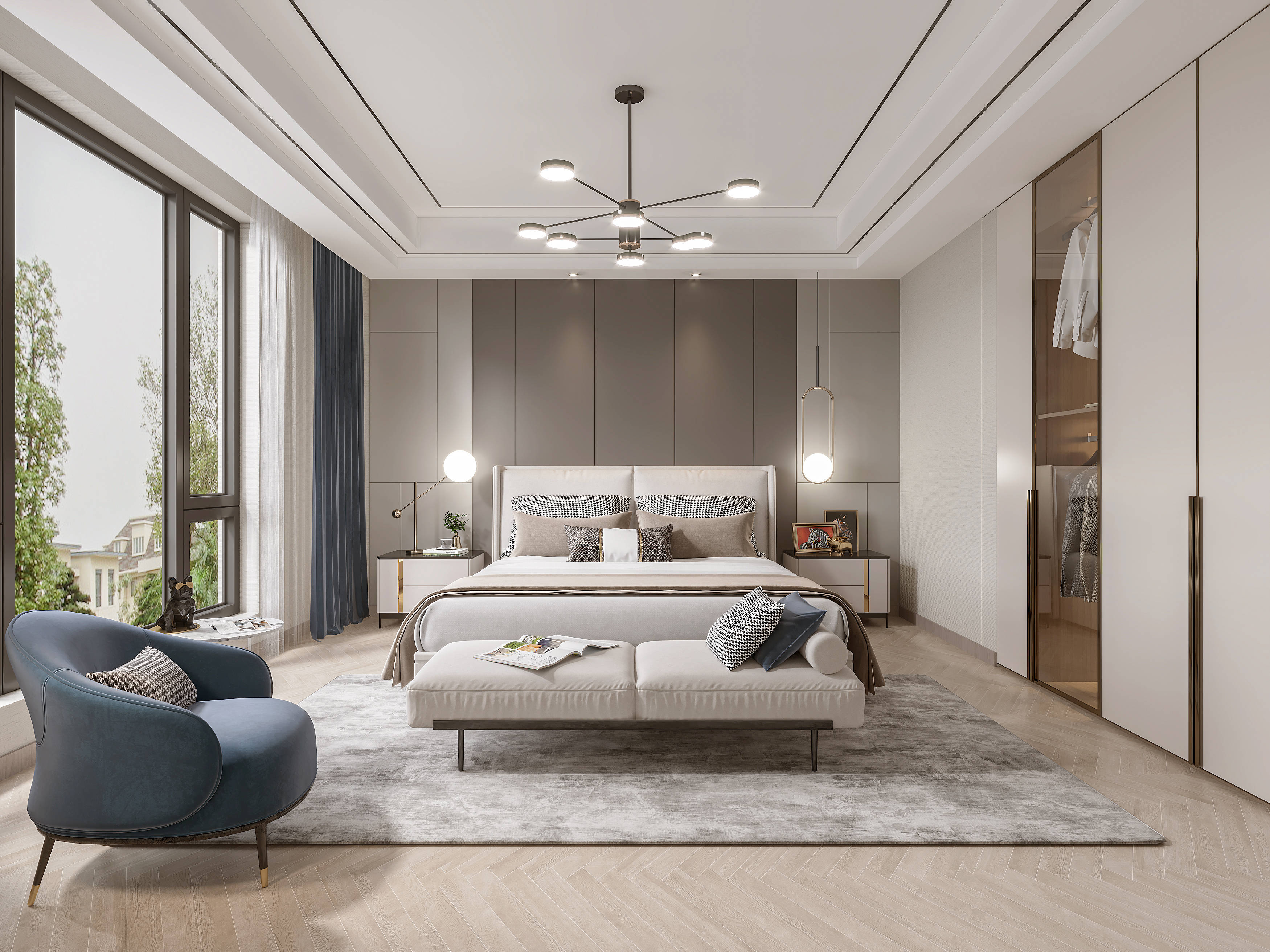 卧室卧室空间以现代风的主调,床头墙以硬包背景,布置布艺床,显得格外