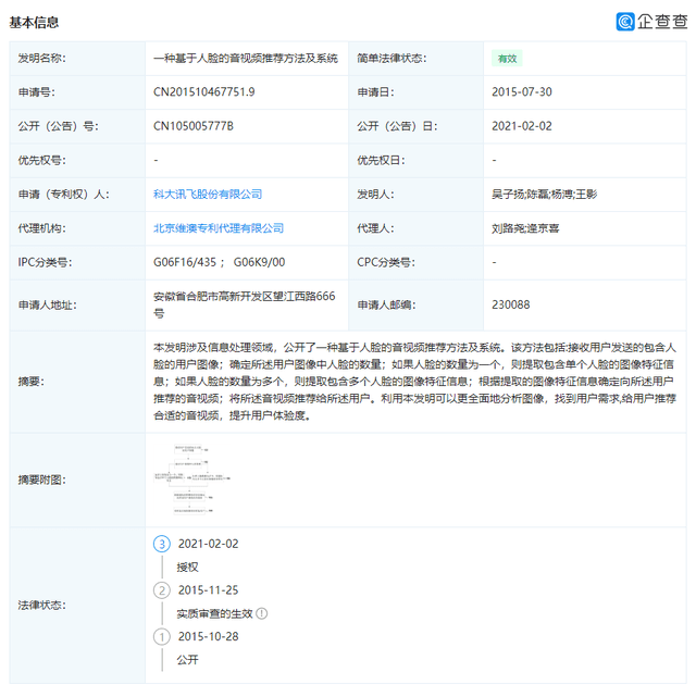 分析|科大讯飞被授权“基于人脸的音视频推荐方法”专利