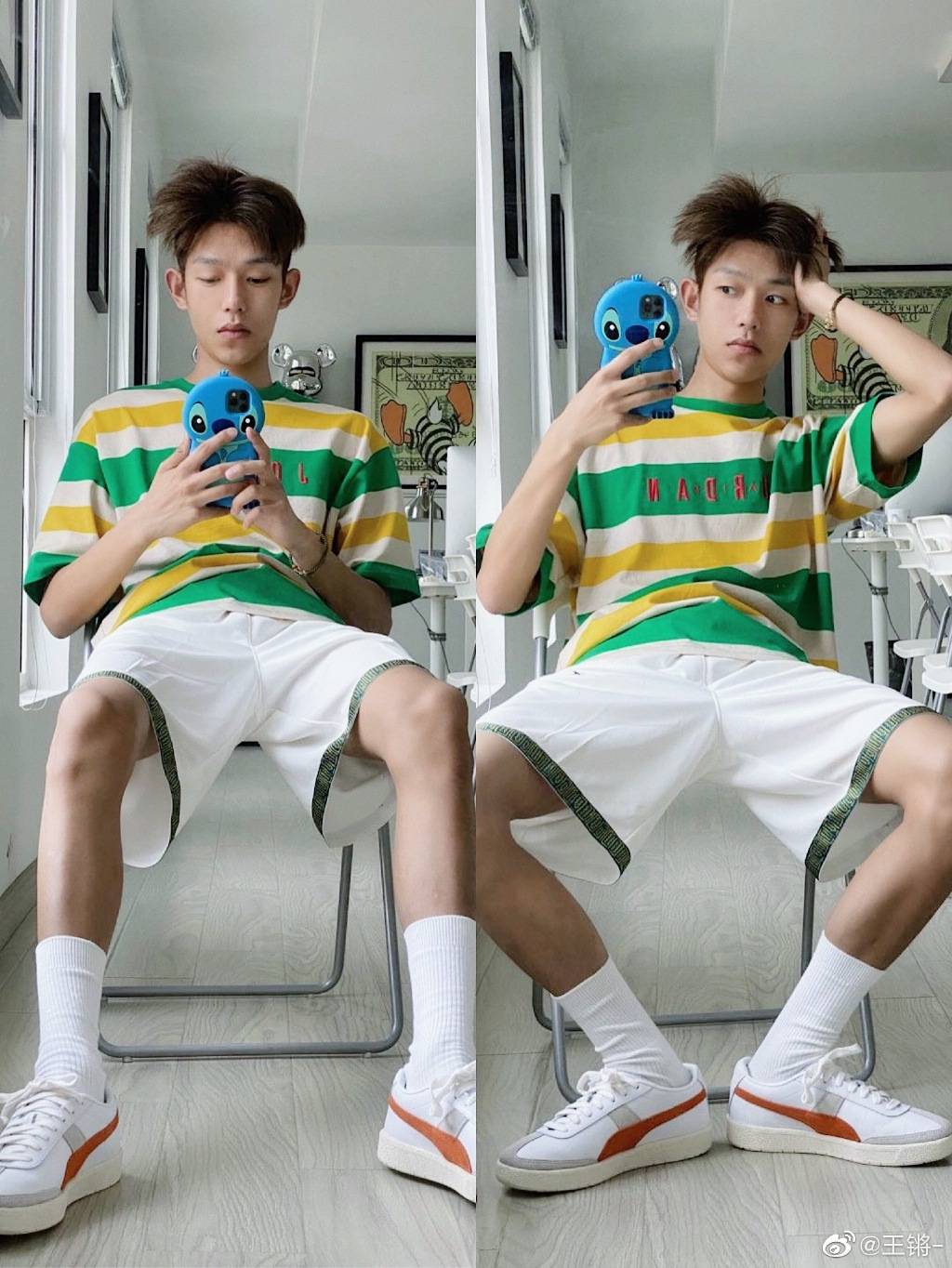 彩色条纹t恤和宽松短裤的搭配,带着些许少年的俏皮,邻家弟弟的既视感.