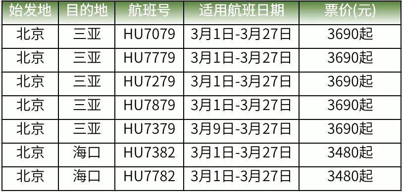 海南航空北京出发3月错峰出行，机票240元起！商务套票限时优惠！