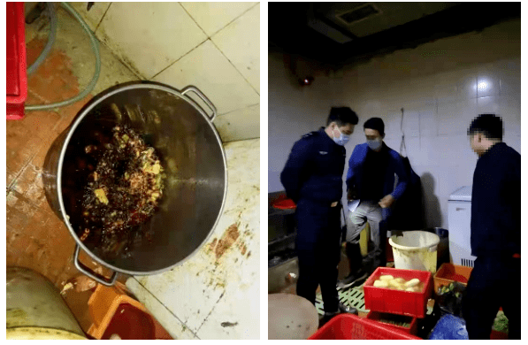 整个厨房卫生状况堪忧, 而锅内正在炼的油呈现粘稠发黑状态.