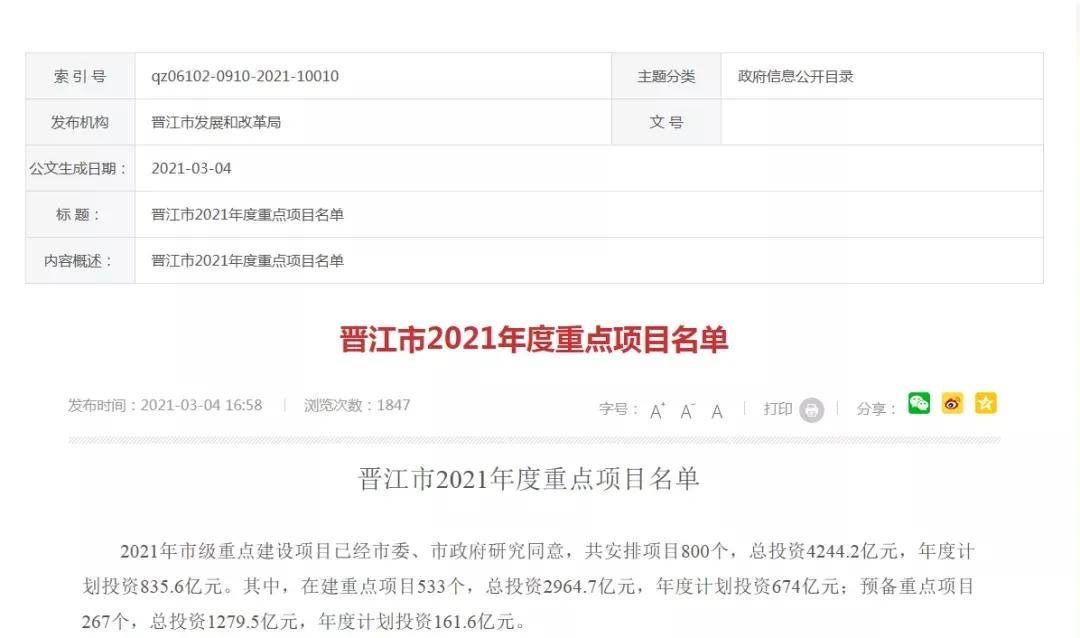 强势开局！投资4244亿！晋江2021年重点项目出炉！涉及城市更新、科技、民生 实验