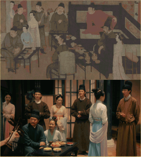 比如部分路人甲的衣服,神态动作,参考了名画《韩熙载夜宴图》.