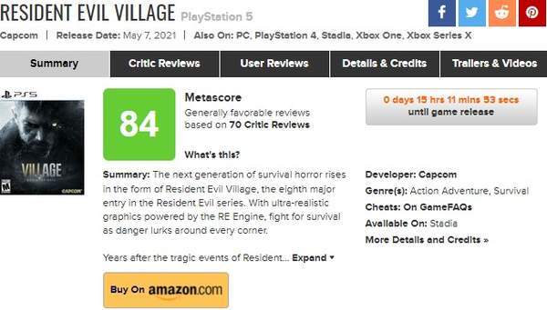 卡普空|《生化8》媒体评分解禁 Metacritic均分84，一致好评
