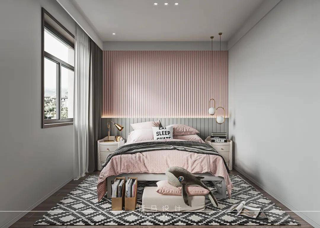 女儿房内藕粉色与高级灰碰撞,理性的克制中多了温柔的细腻之感.