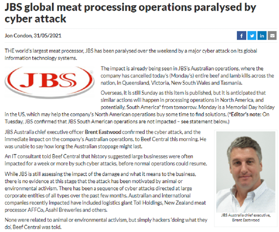 全球最大|重大突发！全球最大肉类供应商JBS遭黑客攻击 多地暂停作业