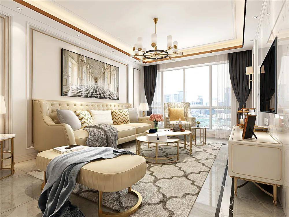 米色皮质沙发搭配大理石茶几,在家具细节加入金属质感的搭配,轻奢优雅