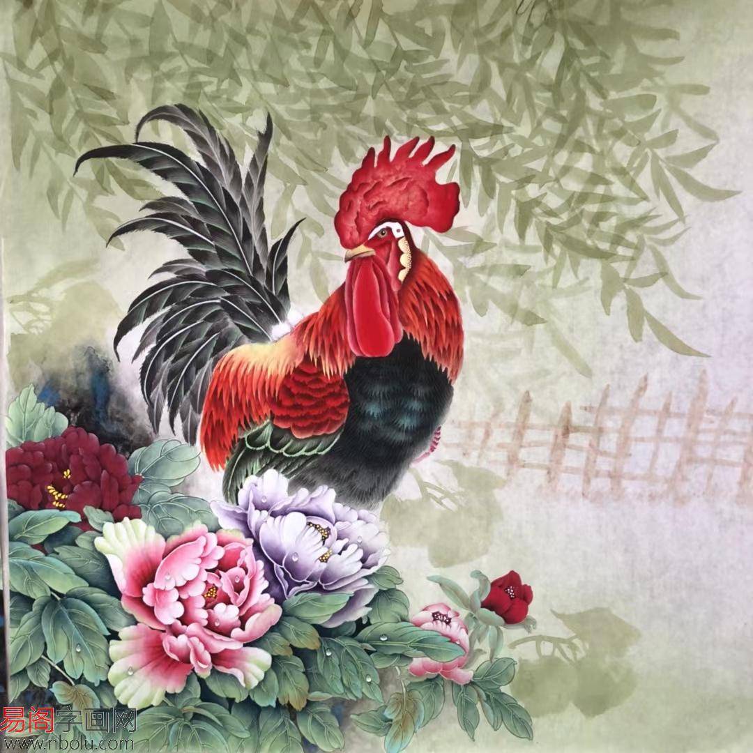 经典玄关挂画 王振兴工笔花鸟画牡丹公鸡斗方《富贵吉祥》作品来源:易