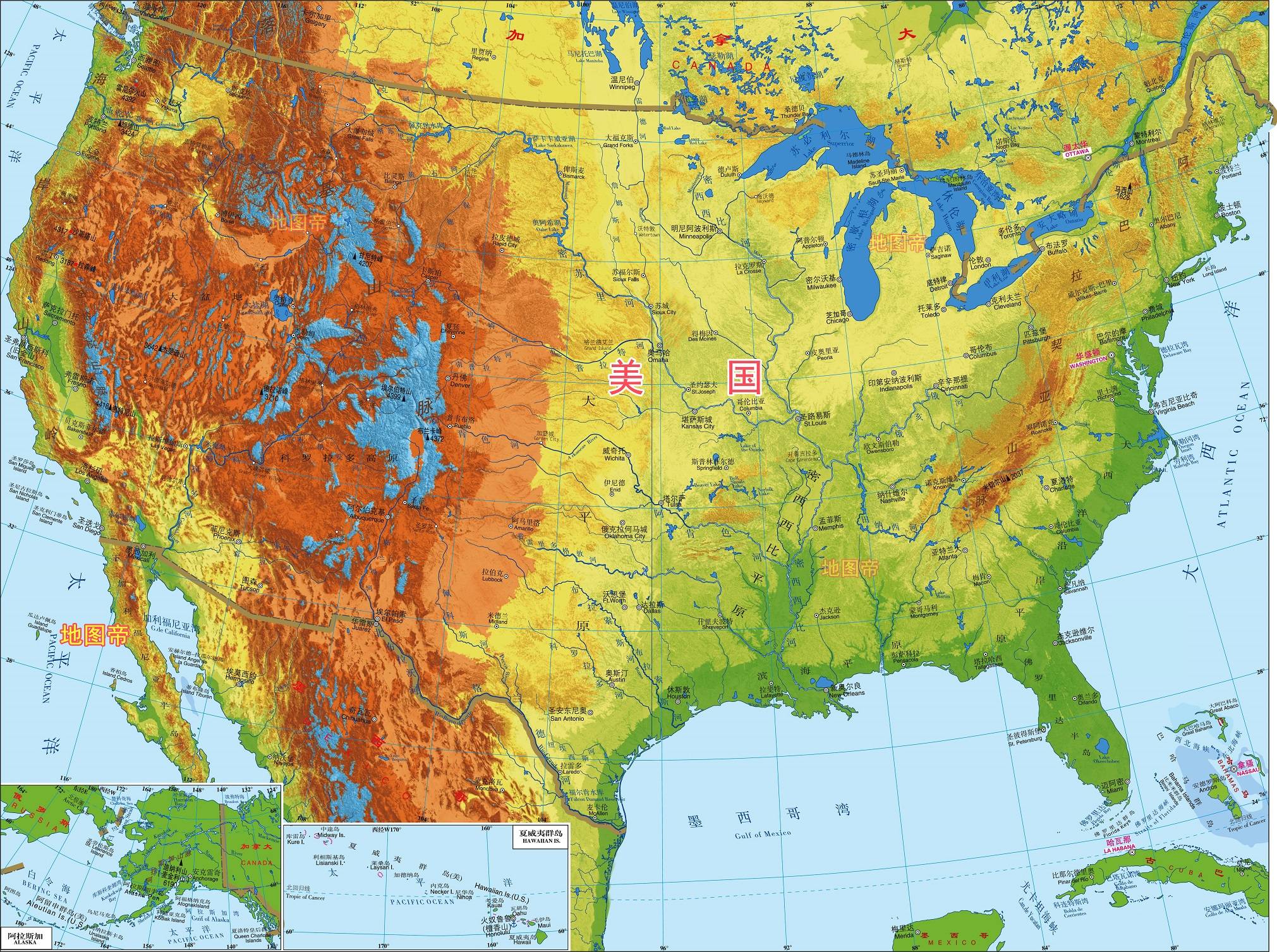 美国地形图示意图图片