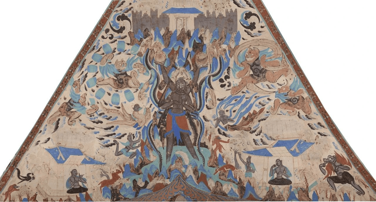 阿修罗王脚下是大海,头部上方绘须弥山峰和忉利天宫,天宫门半开半闭.