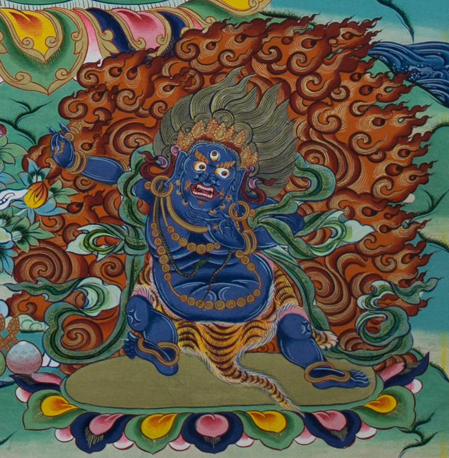故称之为金刚手菩萨,具有除恶降魔的广大神力,身颜蓝黑色,一头二臂,头