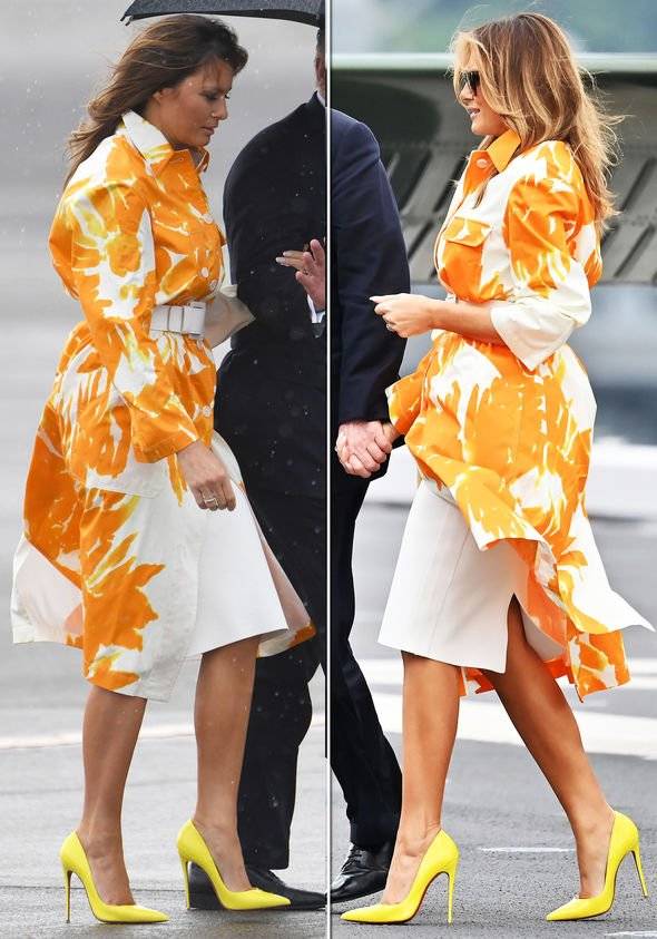 场合|梅拉尼娅舍得穿平底鞋啦!配明亮黄色涂鸦裙好俏皮,衣品让我服气