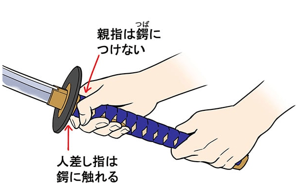 日本刀基本上是用双手拿着的 右手向前,空出手与手之间,从斜上软握.