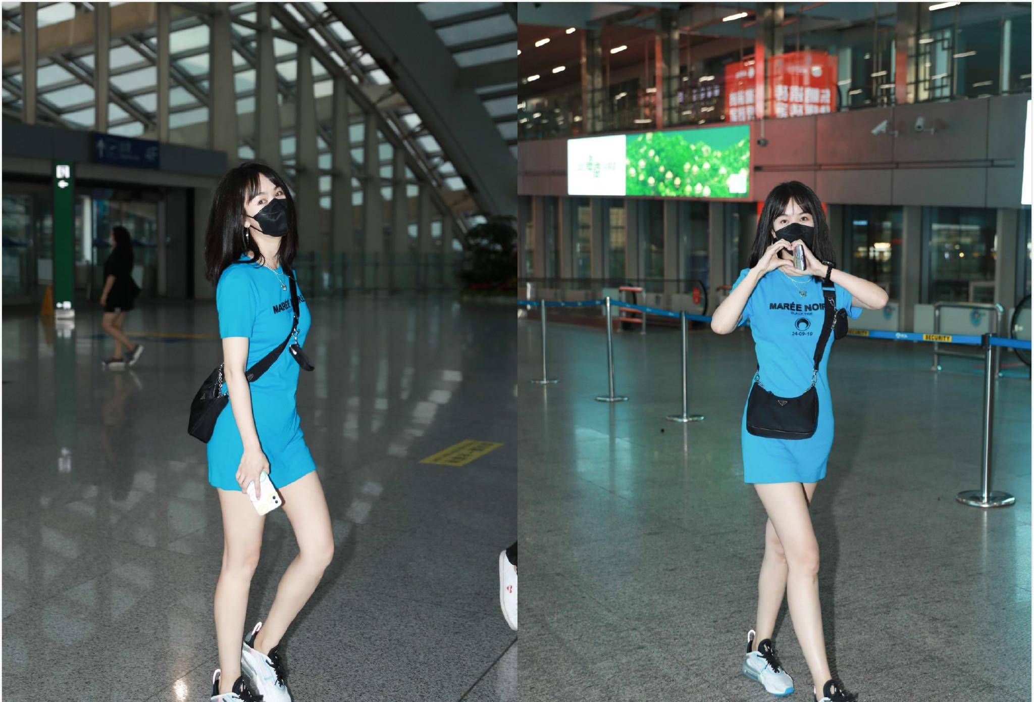 身材|李菲儿还用减肥吗？穿蓝色T恤裙秀细腰长腿，33岁美回了少女