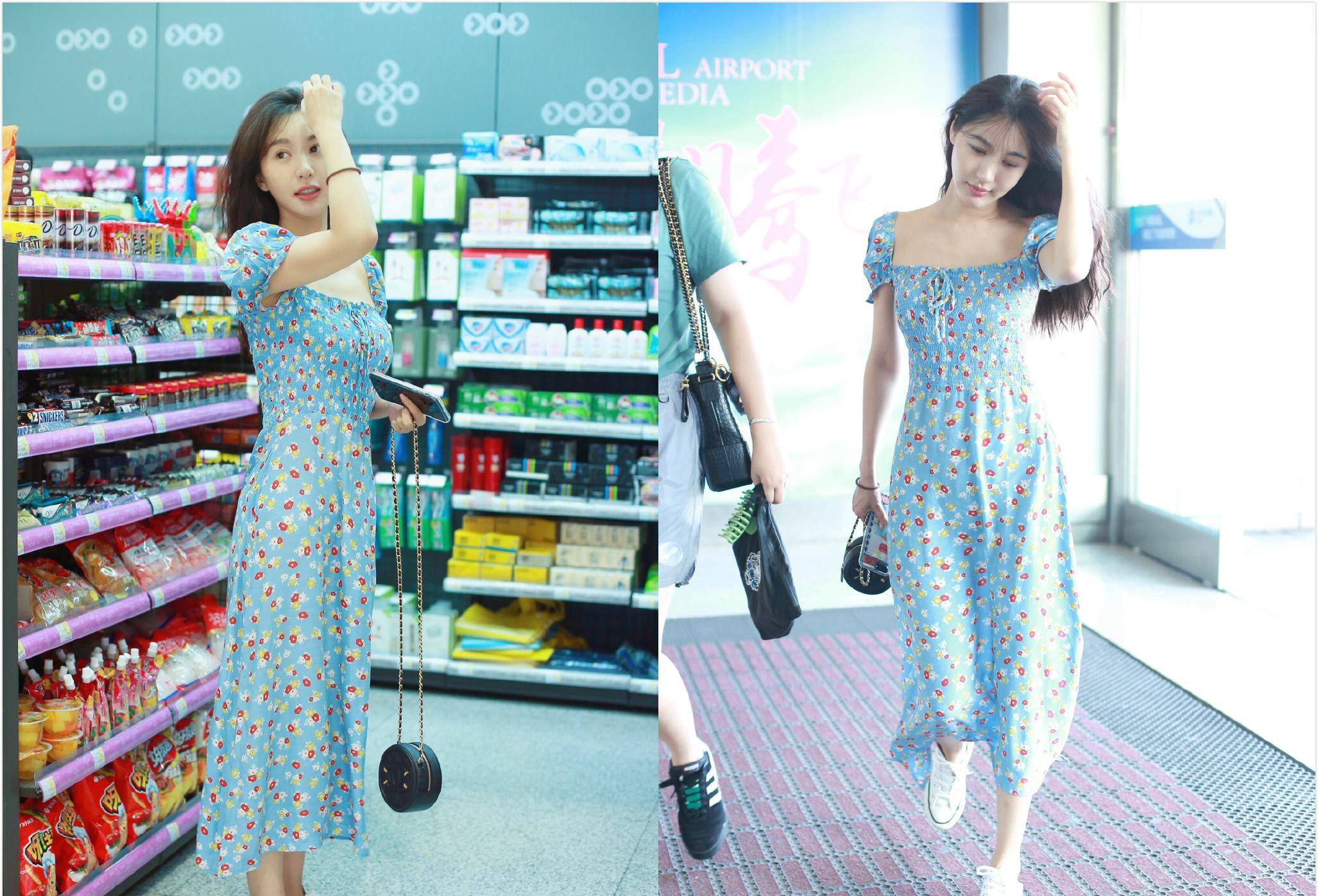 身材|李菲儿还用减肥吗？穿蓝色T恤裙秀细腰长腿，33岁美回了少女