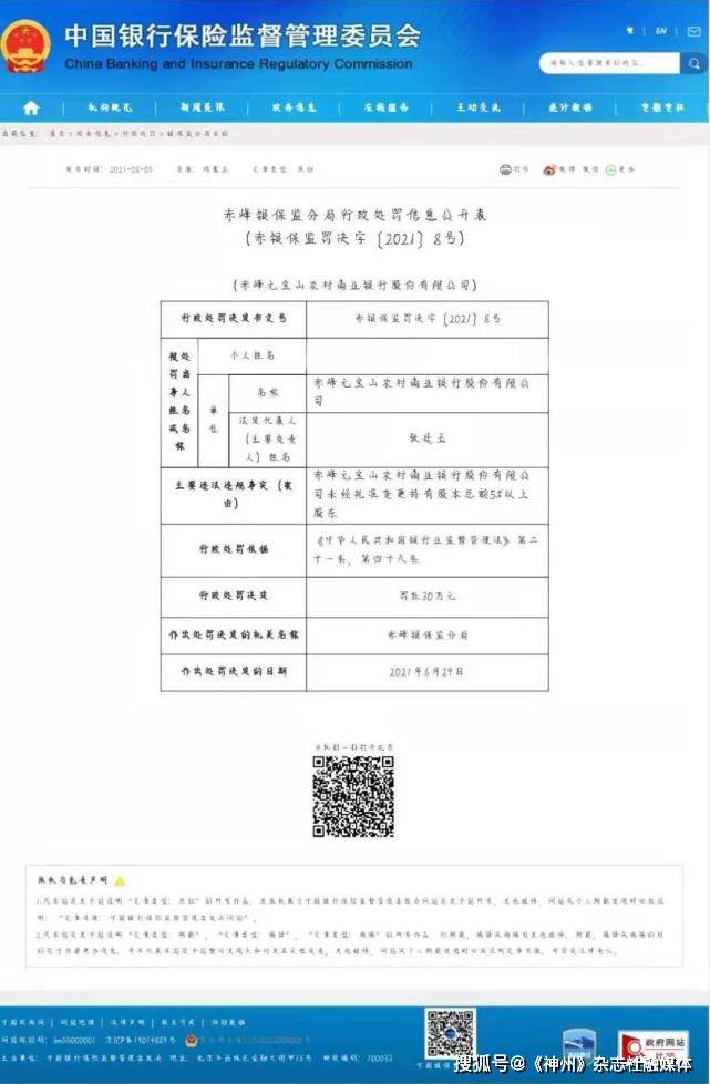 未经批准变更5%以上股东，赤峰元宝山农村商业银行被罚30万元