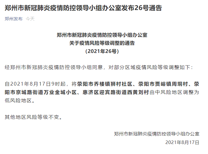 关于疫情风险等级调整的通告(2021年26号 经郑州市新冠肺炎疫情防控