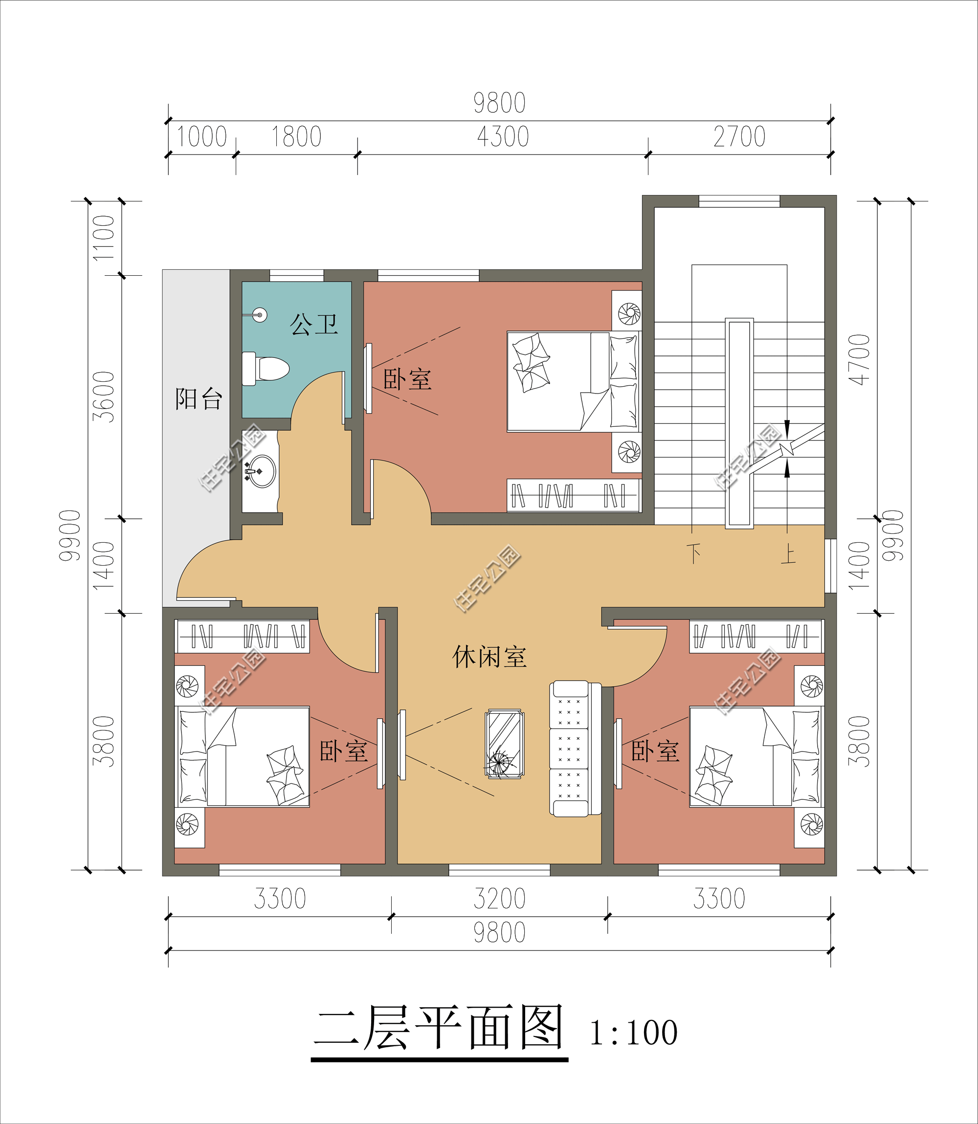 二層三室一廳設計,三個臥室足以滿足居住需求,三層則設立了陽臺露臺