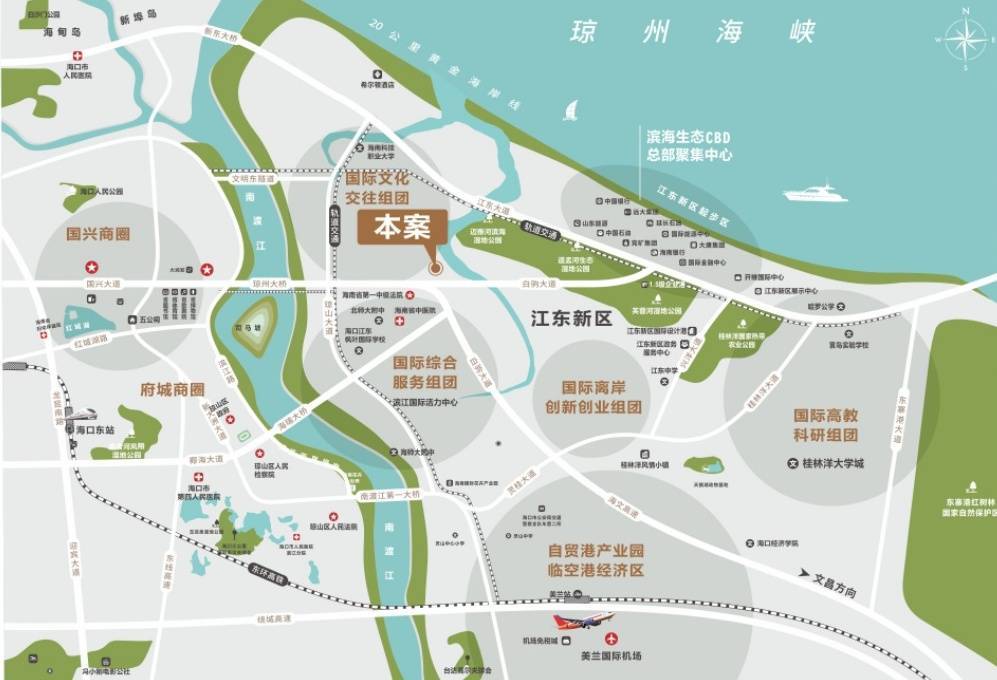 距海口东站约12公里距海口美兰机场约15公里9条交通要道链接海口各