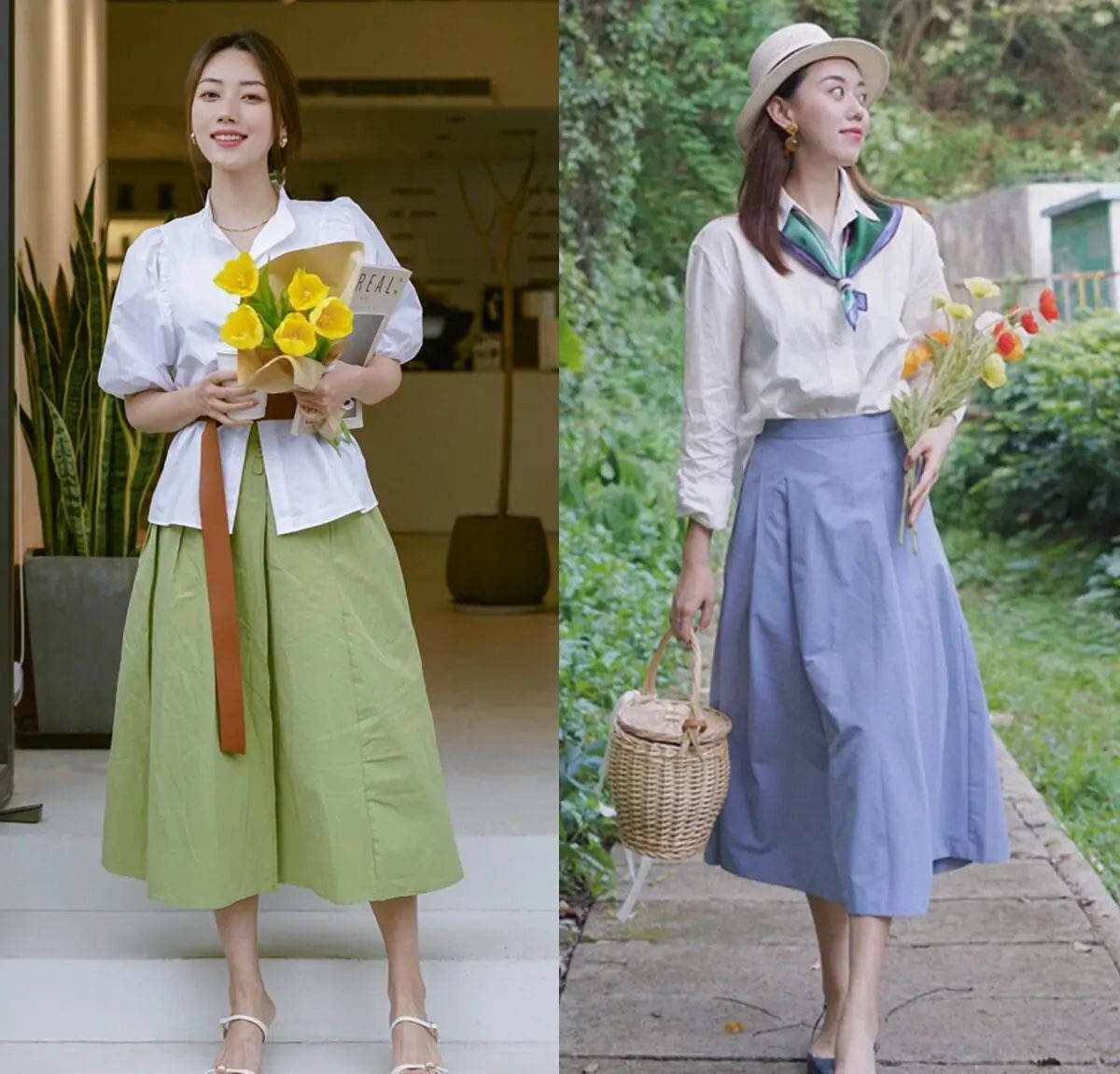 设计|很适合夏季的搭配:衬衫+半裙,遮肉显瘦,上班上学都能穿