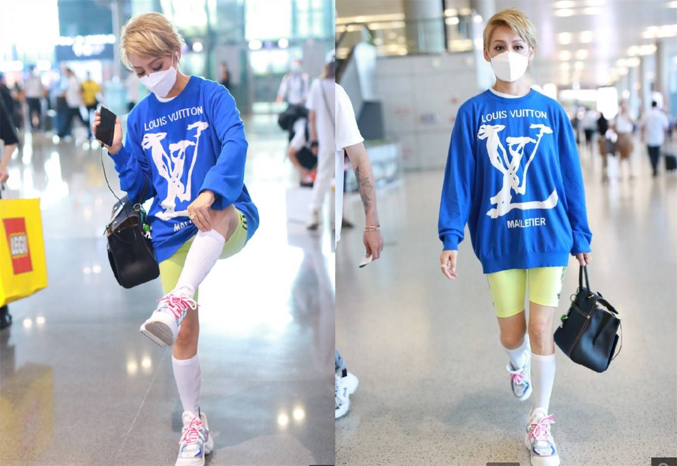 短裤|宁静走机场太高调，近万块的LV配嫩绿色短裤，48岁也有少女范