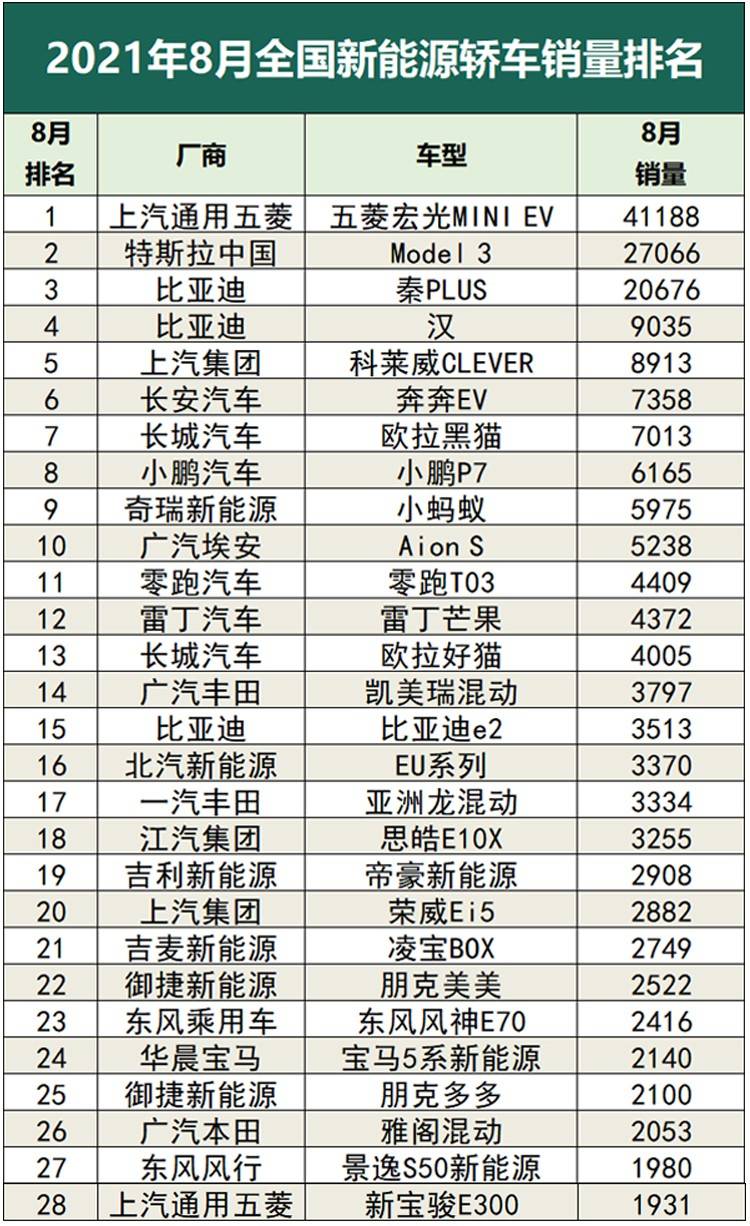 2021年8月国内新能源汽车销量榜