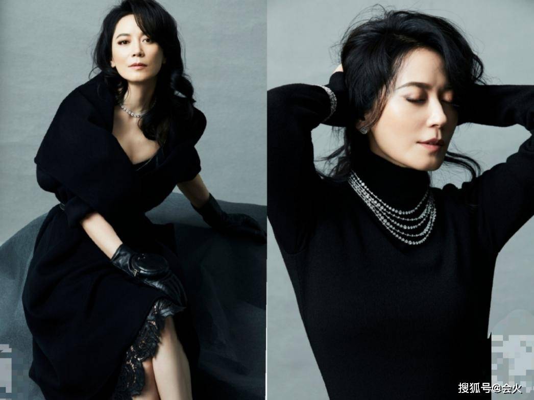 黑色50岁俞飞鸿拍性感大片！上衣半垮露雪白肌肤，头发凌乱眼神魅惑