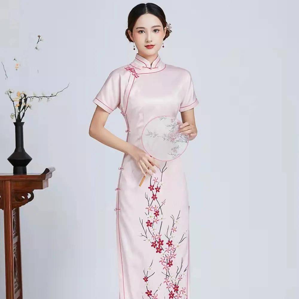 真丝 粉色真丝双层旗袍裙，清新婉丽，可以更好的秀出你的迷人好身材！