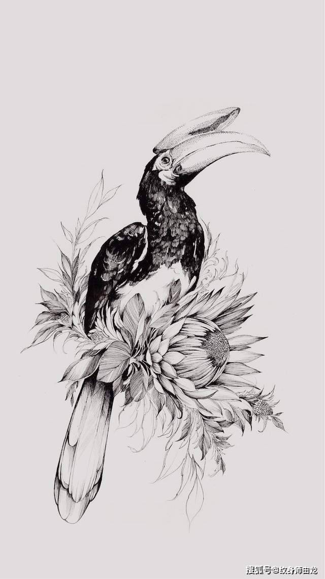 花鸟纹身手稿图案