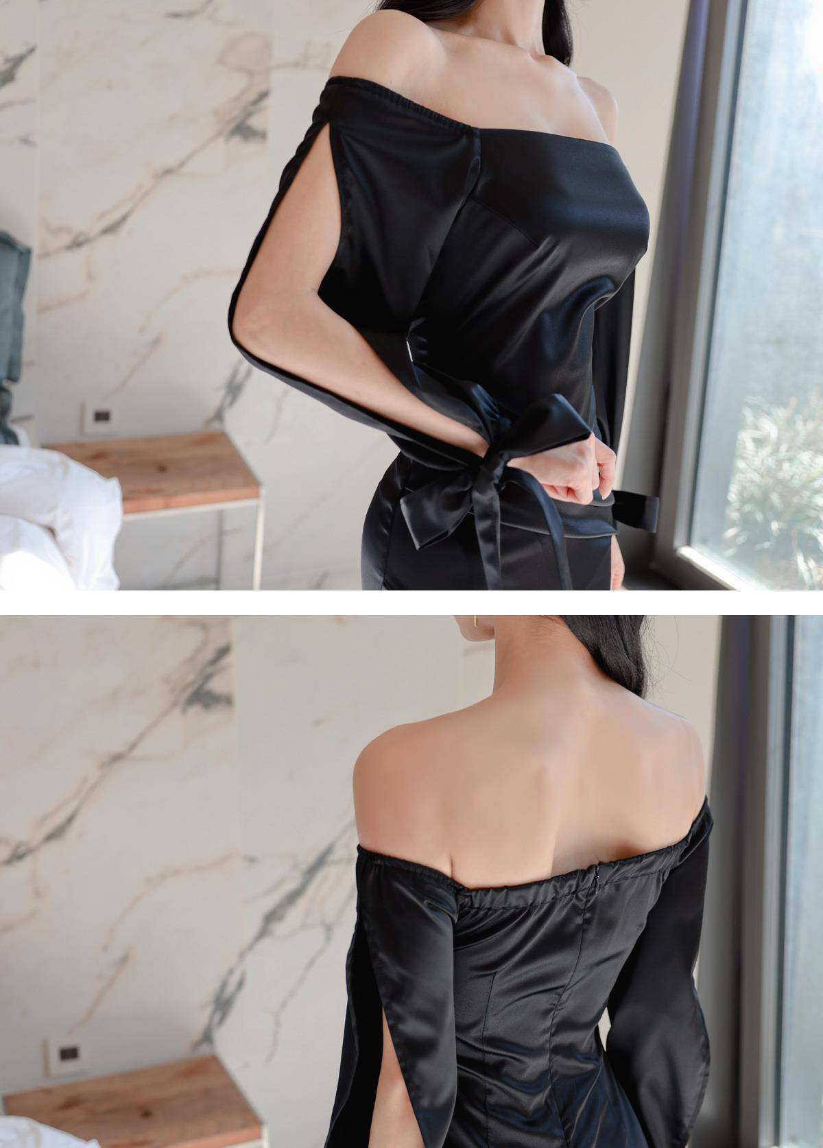 流线 极简设计的一字肩连衣裙，流线剪裁勾勒出身材曲线