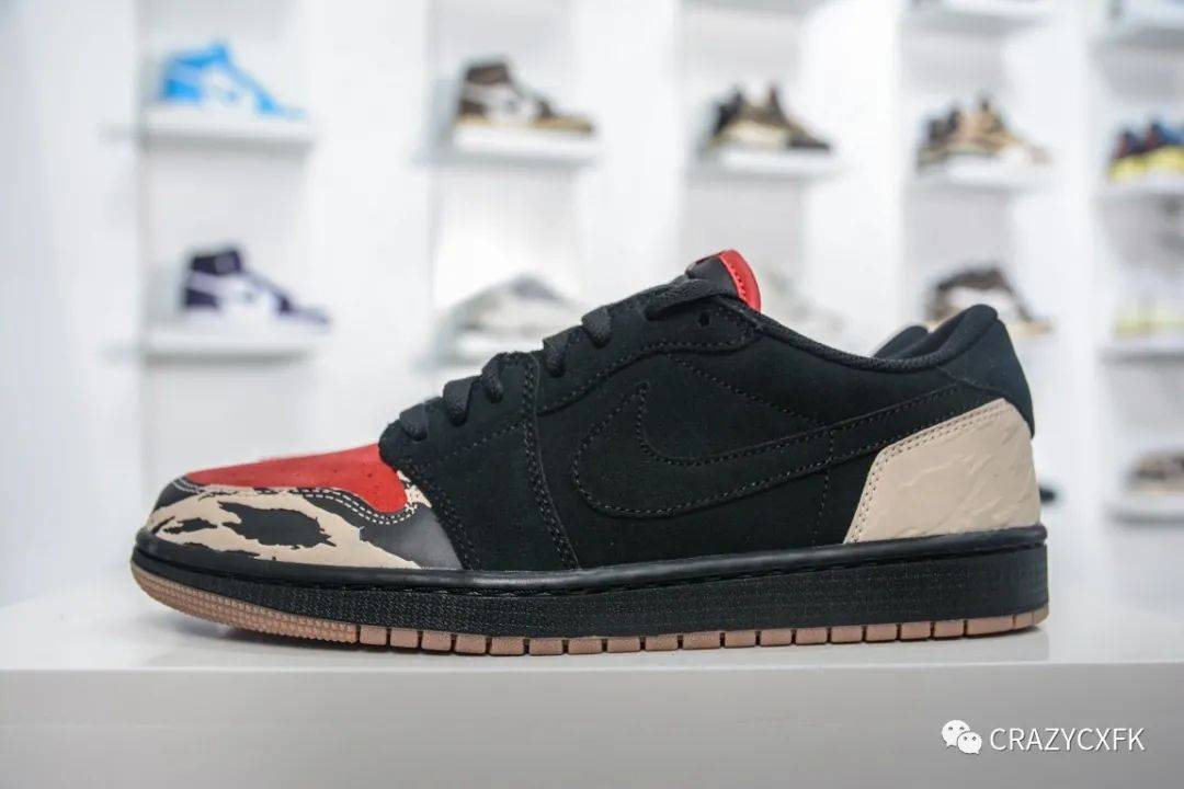 鞋舌 乔丹迈阿密联名 Air Jordan 1 Carnivore x SoleFly 食肉动物黑红虎纹低帮板鞋