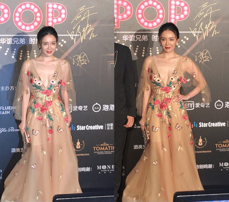 大腿 蓝燕可真会秀身材，穿长裙开叉到大腿，露出的长腿真是又细又直