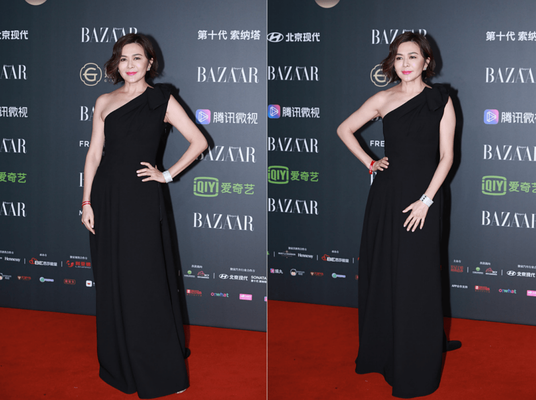 黑色 老年的关之琳也难逃发福,脸蛋圆圆肩膀也挺宽,可穿黑裙却不显胖