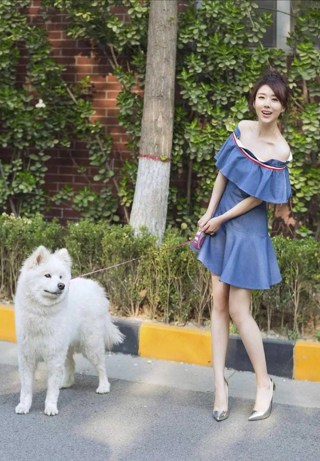 嫦娥 颜丹晨不愧是大众封的最美嫦娥，连遛狗穿的连衣裙，也减龄时髦