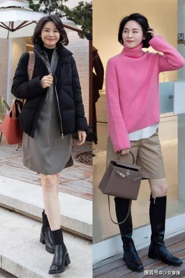 黑色 “大衣+长靴、羽绒服+短靴”才是60+岁女人的秋冬打扮！优雅舒适