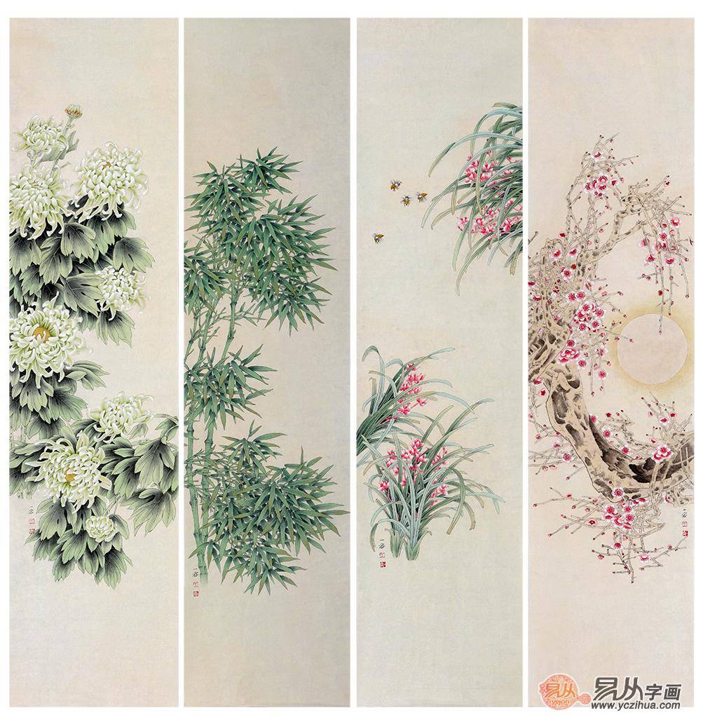 常见的风水挂画，梅兰竹菊四条屏鉴赏！_象征